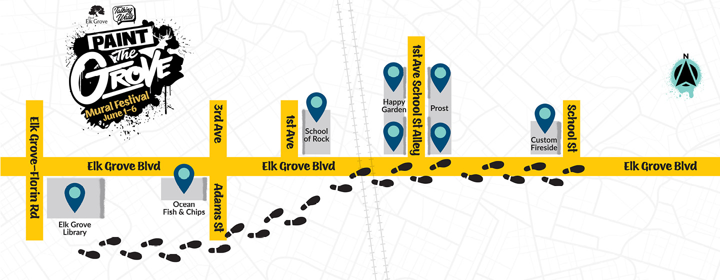 Paint the Grove Mural Festival June 1-6. Map of the walking tour showing six locations of murals at the following buildings