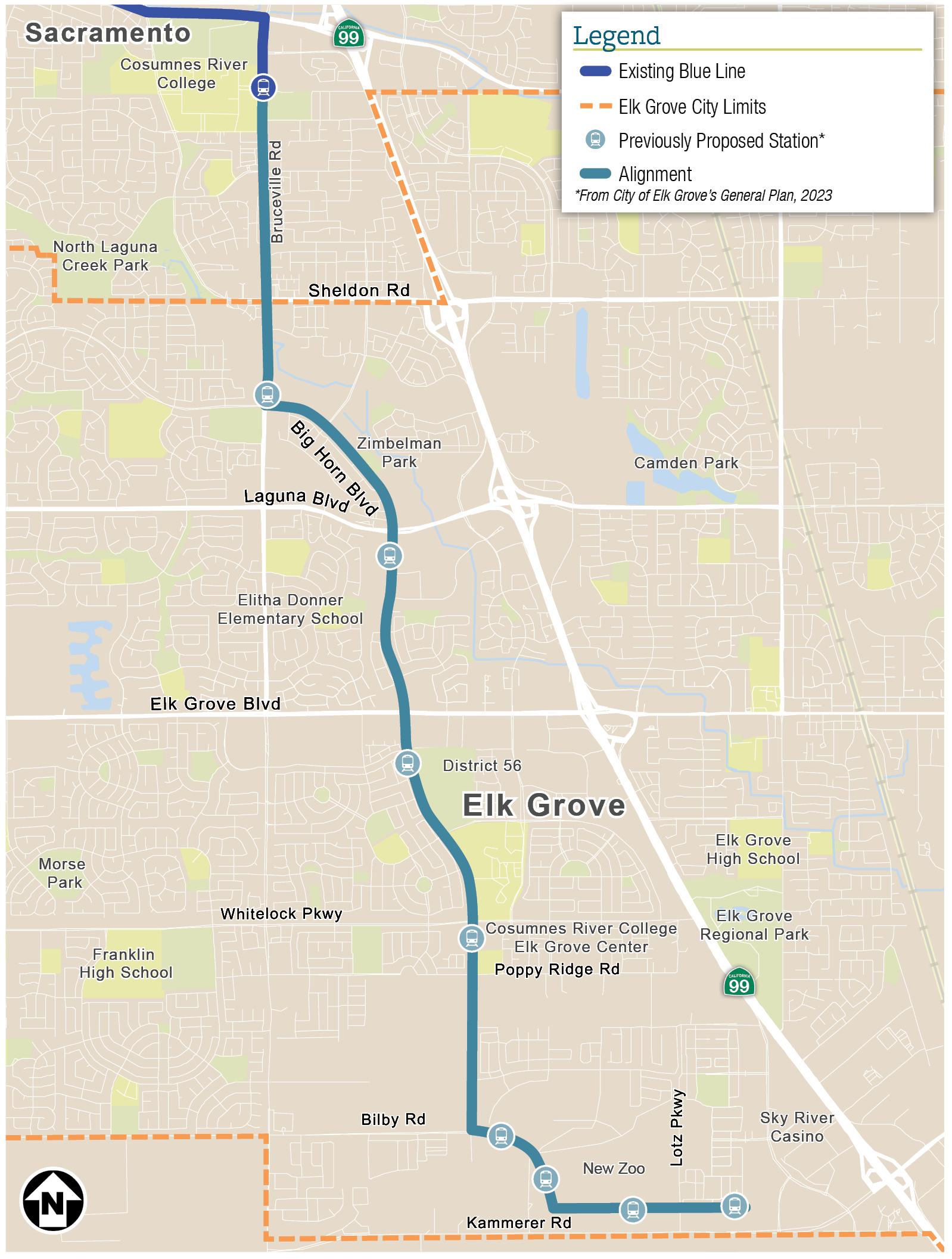 Project alignment from Cosumnes River College to Big Horn Boulevard to Bilby Road to Kammerer Road